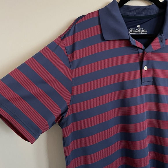 Brooks Brothers Polo XL Mens Blue Stripe Red Performance Preppy Golf Lightweight - Picture 3 of 11